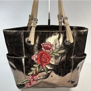 Michael Michael Kors Mirror Metallic Bronze Tote With Added Floral Patch 11"x15"
